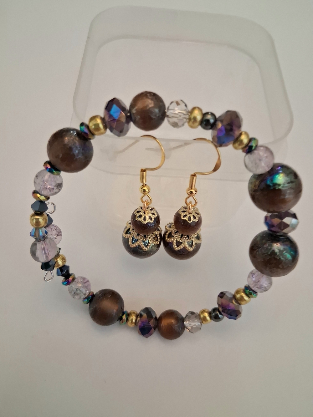 Irridescent Gold-Tone Brown Beaded Bracelet and Earrings Set - Handmade